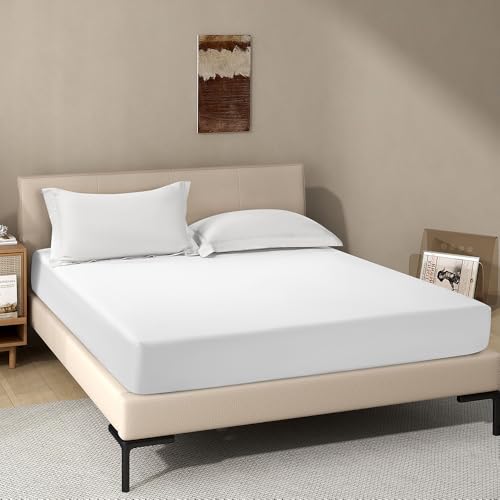 Image of White Fitted Sheet,King Size Fitted Sheet with Deep Pocket 18 inch,Ultra Soft & Breathable FittedSheet Easily Fits 18 inch to 24 inch Mattress