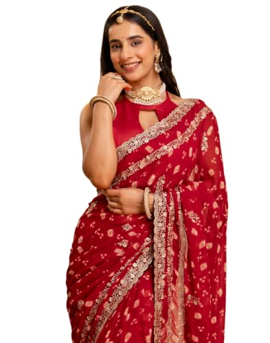 SIRIL Women's Georgette Bandhani Printed Saree with Embroidered S...