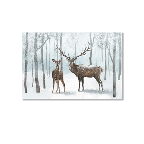 Winter Scene Pictures Canvas Wall Art Decor: Reindeer Christmas Wall Decorations Deer Winter Forest Landscape Painting Prints Holiday Framed Artwork f