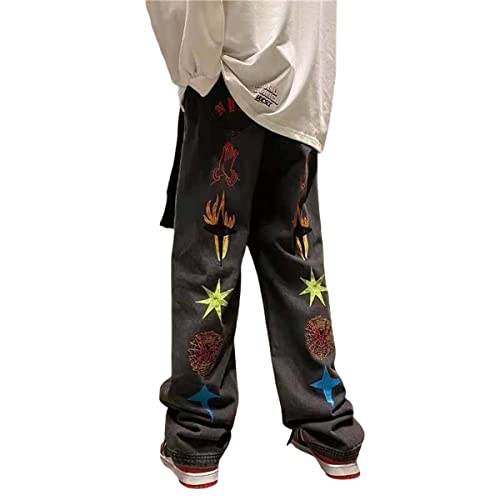 Harajuku Men's Jeans Colorful Print Straight Jeans Street Hip-Hop Loose Jeans Four Seasons Commuter Jeans Gothic Jeans