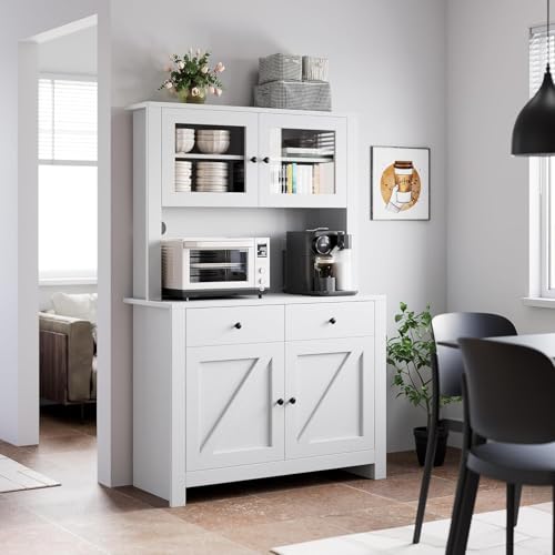 Garvee Kitchen Pantry Cabinet with Storage Shelf and Hutch, Microwave Cabinet – 4-Door Storage with Adjustable Shelves, Buffet Sideboard Cabinet for Kitchen and Dining Room, White by Garvee - Used condition - CA$194.19