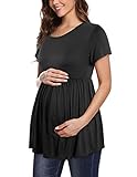 PrettyLife Womens Flattering Maternity Tops Comfy Short Sleeve Pleated Pregnancy Shirt (Black, X-Large)