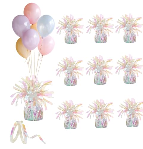 Moretreat Balloon Weights - 9 Pack with Curling Ribbon Lridescent 100g Metallic Balloon Anchor Set for Helium Balloons Heavy Duty Balloon Holders for Party Decorations Birthday Wedding Events