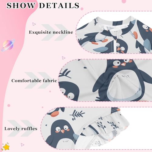 Cute Penguins Seamless Girls Long Sleeve Swimsuit Rash Guard One Piece Bathing Suits Zipper 3-12T4