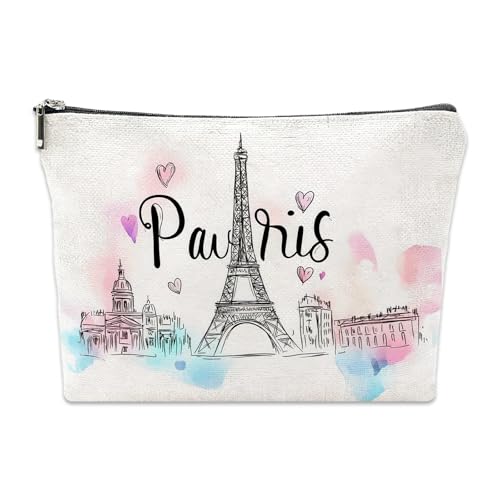 Paris Trousse de maquillage pour femme, cadeau pour femme, avec fermeture éclair et doublure, trousse de maquillage pour les voyages et les trajets, impression double...