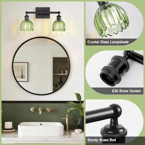 Image of Bathroom Light Fixture,2-Light Vintage Bathroom Sconces Over Mirror, Black Fancy Vanity Lights, Flower Light Fixture with Green Tulip Glass Shade for Bedroom, Living Room, E26 Base