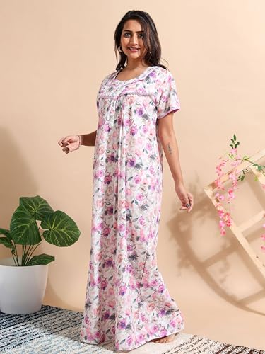 Image of 9shines Label Stylish Chikankari Cotton Nighty Maxi for Women | Full Length Nightgown | Nightdress with Pocket | Embroidery Nighty | Soft Comfortable Cotton Nightwear (1545)
