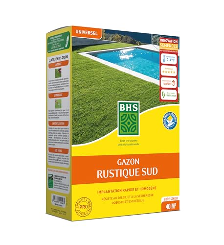 BHS Gazon Rustique Sud - Gazon Plus Résistant et Mieux Protégé - 1kg - 40 m² - Résistance Aux Conditions Sèches Grâce A La Fétuque Elevée - Rapide et Homogène GRS1