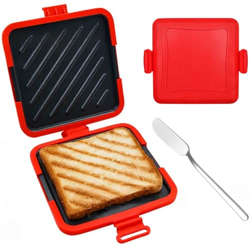 Microwave Toaster Sandwich Maker with Butter Knife, 3-in-1 Toaster Panini Press for Cooking Breakfast, Grilled Cheese, Snacks, Easy to Clean and Store, Non-stick Plates(Red,Split)