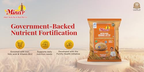 Image of Minar Nutri Rich Fortified Whole Wheat Chakki Atta 5 Kg | Enriched with Iron, Folic Acid & Vitamin B12 | 100% Whole Wheat | Zero Maida | Soft & Fluffy Rotis