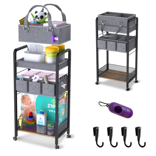 JRANBRJS 2IN1 Baby Diaper Caddy Organizer-3 Tier Rolling Storage Cart with Dividers - Bedside Diaper Caddy Cart for Baby Nursery Newborn Essentials-Mobile Utility Carts with Wheels for Changing Table