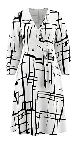 Women's Plus Size Faux Wrap Cocktail Party Dresses 3/4 Sleeve Deep V Neck Swing Wrap Floral Midi Dress with Belt White Base/Black Line 3XL