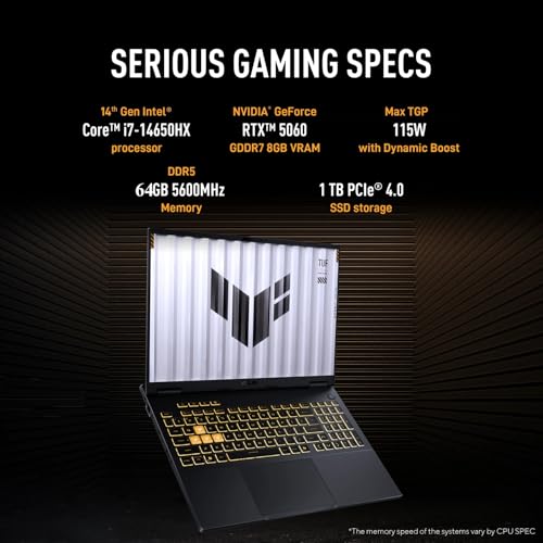 Image of ASUS TUF Gaming F16 Laptop, Intel 16-Core i7-14650HX, NVIDIA GeForce RTX 5060, 64 GB DDR5, 1 TB SSD, 16 inch FHD+ 165Hz Display, Windows 11 Pro, Wi-Fi 6E, Backlit Keyboard, Dolby Atmos, w /Accessories
