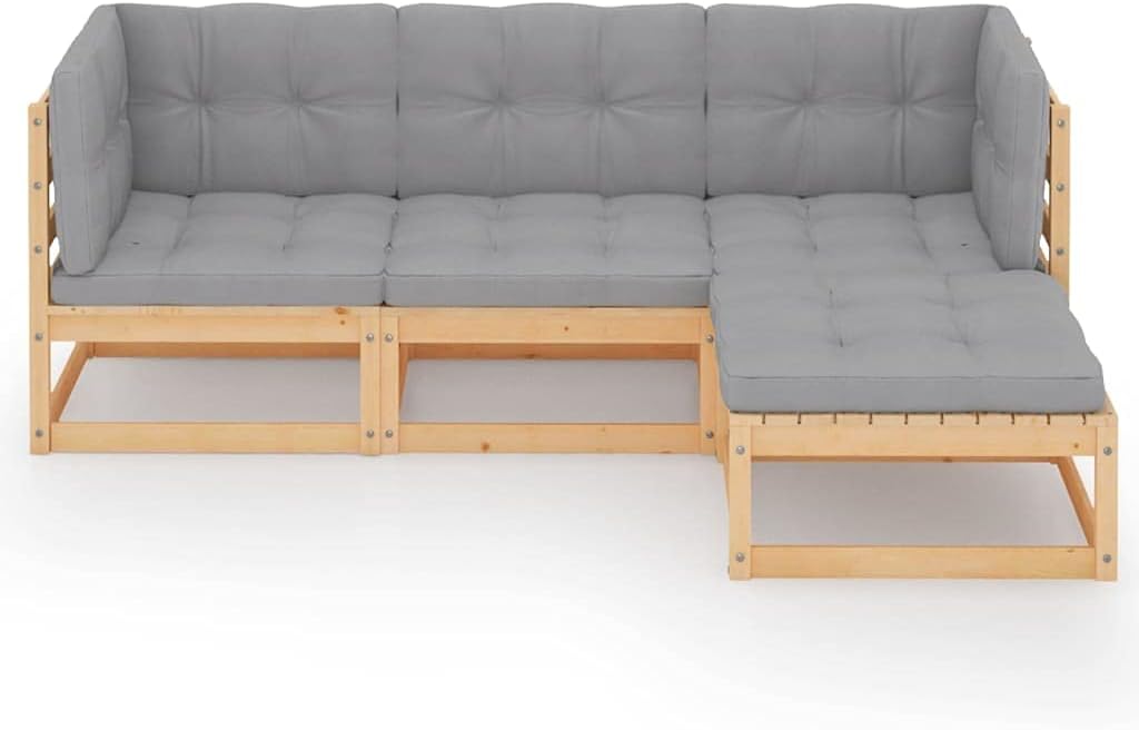 vidaXL Patio Lounge Set, 4-Piece Set with Cushions, Solid Pinewood Construction, Modular Design, Easy Maintenance - in Grey and Brown