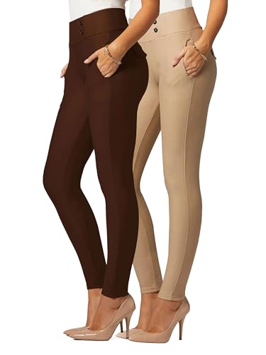 Conceited 2-Pack Stretch Slacks for Women - Wear to Work - Slim Leg Dress Pants with Pockets - Khaki, Brown - (Large)