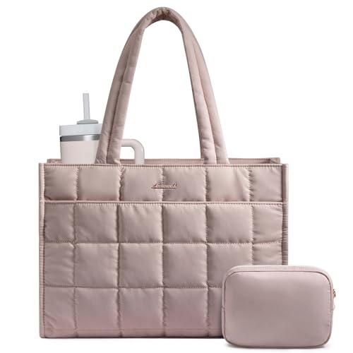LOVEVOOK Tote Bag for Women, Puffer Work Handbag 15.6 Inch Laptop Purse for Nurse Teacher, Large Quilted Travel Tote Shoulder Bag with Zipper for College Office Clinical Gym, ‌Smoky Blush