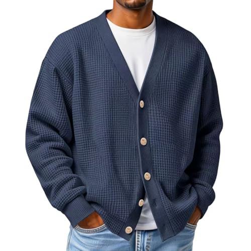 Image of Mens Cardigan Sweater Long Sleeve, Casual V Neck Button down Waffle Knitted Sweater, Waffle Cardigan Sweaters for Men (Navy,5XL)