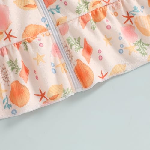 Image of Girls Hooded Terry Coverups Zip Up One Piece Swimsuits Sea Animals Print Short Sleeve Ruffle Swim Cover Up Swimwear (Orange Shell, 5-6 Years)