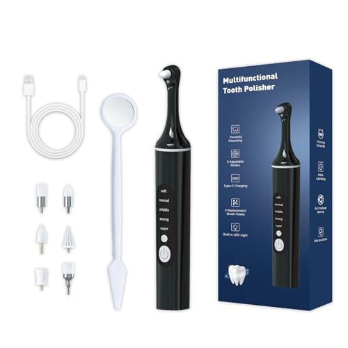 [Type-C Fast Charging] LED Teeth Whitening Polisher Home Dental Care Kit with 6 Brush Heads & 5 Adjustable Speeds Portable Electric Tooth Cleaner (Black)