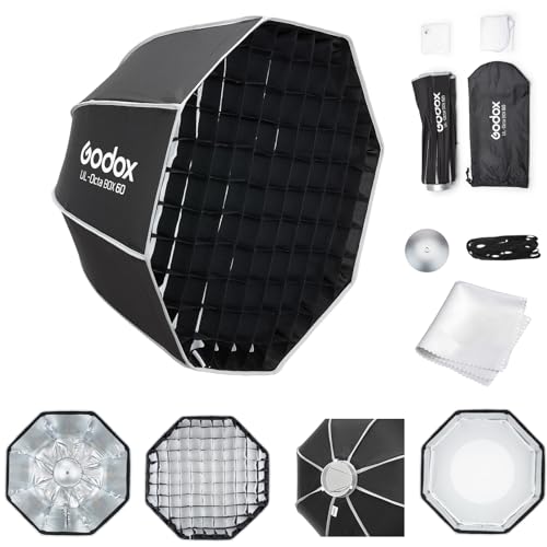 Godox Softbox UL-Octa60 23.6/60cm Octagonal Softbox Quick-Release Umbrella Design Bowens Mount Softbox with Grid & Deflector Plater for LED Video & Photography Lighting