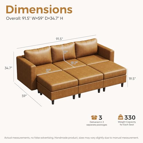 Image of ABCASA 91.5 inch Faux Leather Luxury Modular Sleeper Sofa Bed with Storage Seat, 6 Seat Sectional Couch Deep Seat with Reversible Chaises & Removable Cover for Living Room - Brown