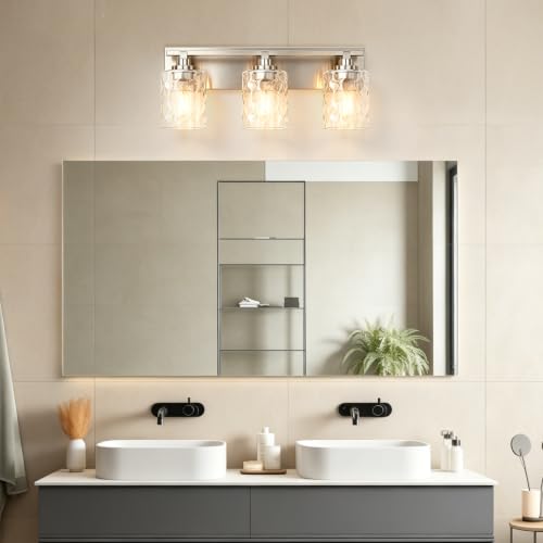 Image of Bathroom Light Fixtures,3-Light Brushed Nickel Vanity Lights Over Mirror | Modern Wall Light,Clear Ripple Glass Shade,Sturdy Metal Frame,For Bathroom Remodel,Easy Install,E26 Socket,ETL-Listed 20-inch