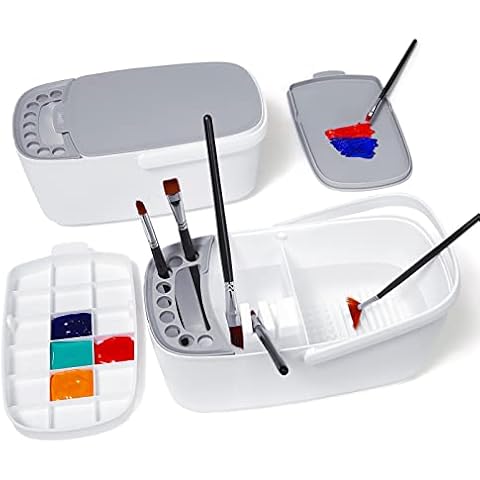 GAMENOTE Paint Brush Cleaner - Paint Brush Holder with Palette and Handle, Paint Brush Rinser for Acrylic, Watercolor, and Water-Based Paints, Painting Art Supply Storage Organizer (White+Grey) Cover