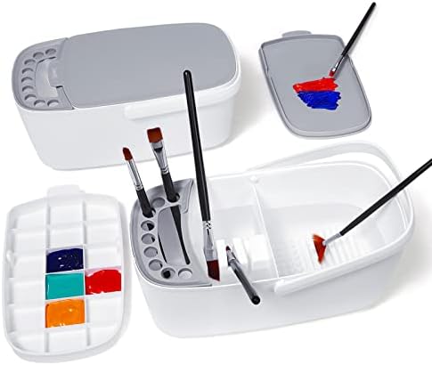 GAMENOTE Paint Brush Cleaner - Paint Brush Holder with Palette and Handle,Rinser for Acrylic, Watercolor, and Water-Based Paints, Painting Art Supply Storage Organizer (White+Grey)
