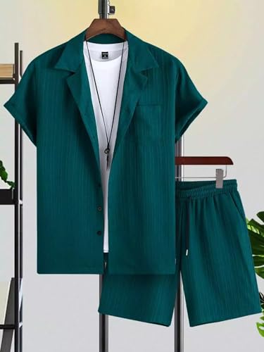 Image of Green Solid Color Mens Half Sleeves Cords Cotton Material