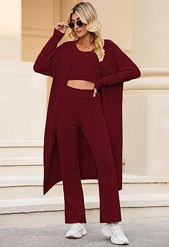 Image of Fixmatti Women's Fuzzy 3 Piece Sweatsuit Open Front Cardigan Crop Tank Tops Wide Legs Pants Lounge Sets