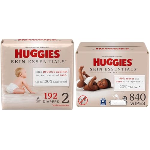 Bundle of Huggies Skin Essentials Baby Diapers, Size 2 (12-18 lbs), 192 Count + Huggies Skin Essentials Baby Wipes, Hypoallergenic, 99% Water, 15 Flip Top Packs (840 Wipes)