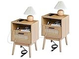Labcosi Rattan Nightstand, Set of 2, Wooden Bedside Tables with Charging Station, Mid Century Modern