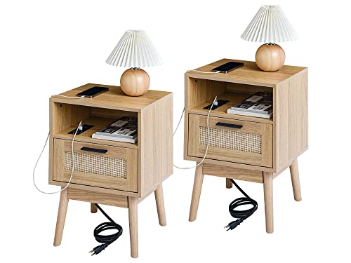 Labcosi Rattan Nightstand, Set Of 2, Wooden Bedside Tables With Charging Station, Mid Century Modern End Table For Living Room And Bedroom, Natural Wood Side Table With Storage Drawer #TOP21