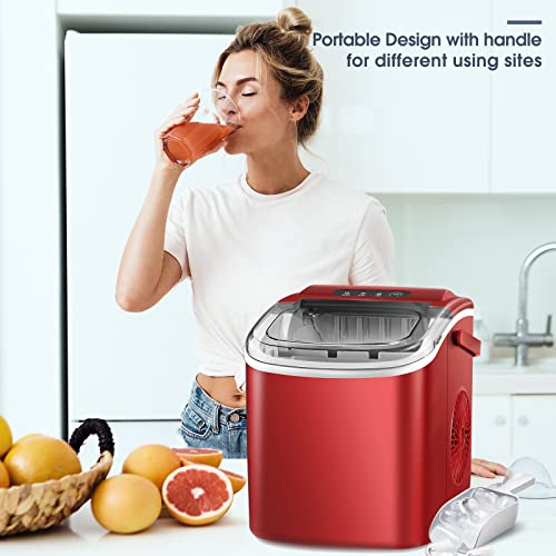 R.w.flame Ice Makers Countertop, Portable Ice Maker Machine With Self-Cleaning, 26.5Lbs/24Hrs, 6 Mins/9 Pcs Bullet Ice, Ice Scoop And Basket, Handheld Ice Maker For Kitchen/Home/Office/Party,Red #TOP6