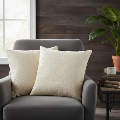 Image of STITCHNEST Quilted Velvet Cushion Covers Set of 2 | Soft Beige | 12x12 Inches | Premium Sofa & Living Room Decor