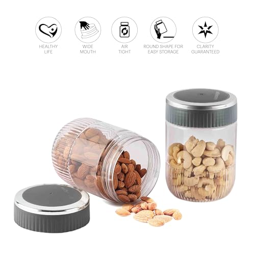 Image of CELLO Mint Storage Canister For Kitchen Set of 2, (750 ml x 2), Grey | Food Grade, Stackable, See Through | Nestable Storage Pet Container with Lid for Food, Pulses, Spice, Cereals, Cookies, Dry Food