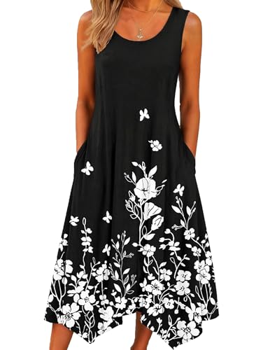 HOTOUCH Loose Sleeveless Shift Dress for Women Crew Neck Hankerchief Floral Flowy Midi 2026 Summer Bohemian Beach Hawaiian Resort Vacation Trendy Cute Tank Dress with Pockets Black Floral M