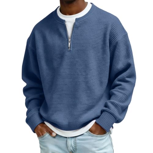 Waffle Quarter Zip Pullover Men Quarter Zip Faux Layered Waffle Knit Tops - image 1
