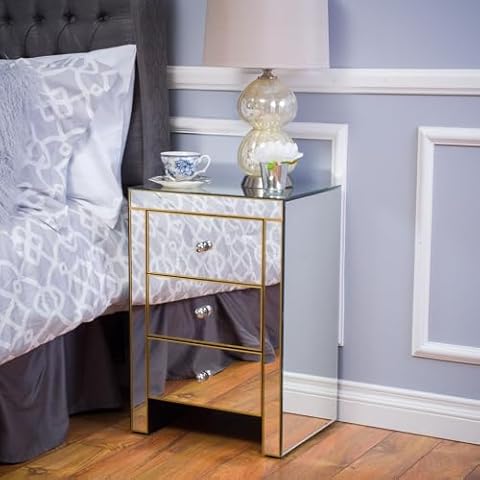 Homaddition Gold Mirrored Nightstand, Mirrored Bedside Table with Storage, Glass Mirror Nightstand, 3 Drawers Cover