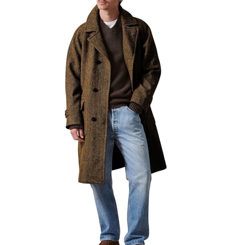 Image of msatuy Mens Brown Overcoat Long Classic Mens Trench Coat Brown Herringbone Tweed Overcoat Long Classic Notched Lapel Winter Men