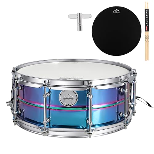 EASTROCK Snare Drum 14x5.5 Inches Professional Carbon Steel Shell Snare for Drummer, Adult, 10-Lug Steel Drum with Rainbow Plated Finish, Advanced Drum Set Snare Drums
