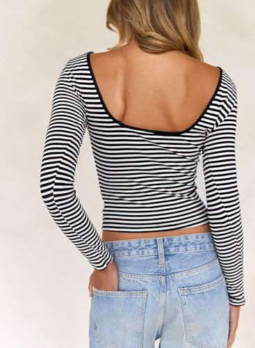 Womens Summer Short/Long Sleeve Tops Sexy Backless Striped Shirts Going Out T-Shirt Y2K Crop Blouse Boat Neck Outfit3