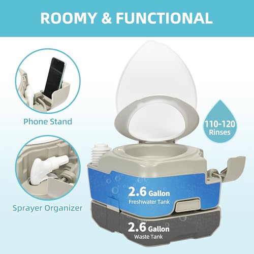 Image of YITAMOTOR 2.6 Gal Portable Toilet for Camping, RV Toilet with Diagonal Elongated Bowl Seat, Porta Potty with Hand Sprayer, Leak-Proof for Adults, RV Travel, Hospital, Boat, Trip, Home