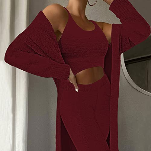 Image of Fixmatti Women's Fuzzy 3 Piece Sweatsuit Open Front Cardigan Crop Tank Tops Wide Legs Pants Lounge Sets