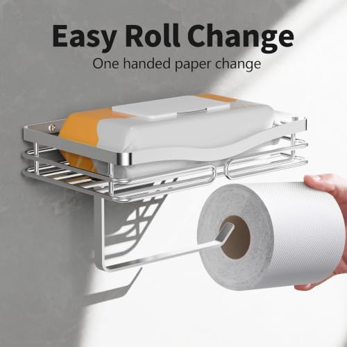 YIGII Toilet Paper Holder with Shelf, Adhesive or Drilling Toilet Paper Roll Holder for Bathroom, Rustproof Tissue Roll Holder Wall Mounted for Wipe Storage (Silver) - image 3
