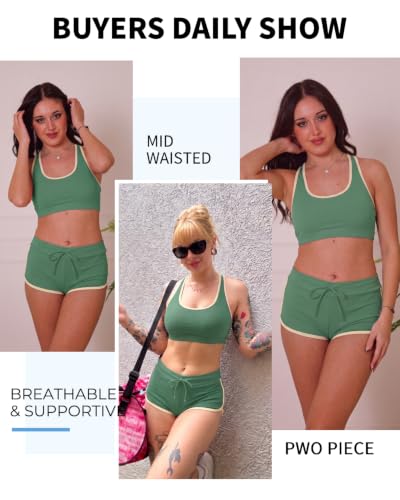 Image of Women Two Piece Sporty Bikini Set Athletic Swimsuits with Boy Shorts Bottom