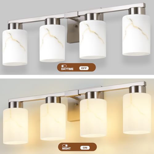 Image of 4-Light Bathroom Light Fixtures, Modern Vanity Lights, Brushed Nickel Metal Wall Lamp with White Marble Glass for Bathroom, Mirror, Living Room, Bedroom, Cabinet, Porch, Hallway, E26 Base