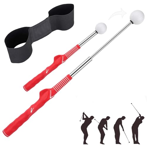 2 Pack Retractable Golf Training Aid, Golf Swing Training Aid with Arm Posture Correction Strap, Adjustable Golf Grip Trainer, Golf Practice Accessories Great for Beginners and Professionals(red)