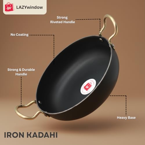 Image of LAZYwindow Traditional Iron Kadhai Deep Bottom Kadai /Frying Kadhai with Handle | Scratch Resistant & Metal Spoon Friendly | Sturdy Handles | Dia 20 cm