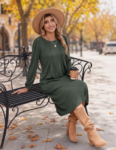 Image of Zeagoo Fall Dresses for Women Long Sleeve Midi Dress Casual A Line Dresses 2026 Pleated Flare Dress with Pockets